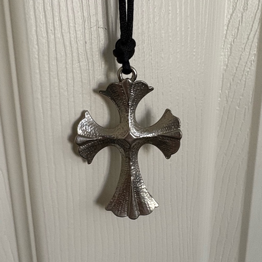 Silver cross on satin rope